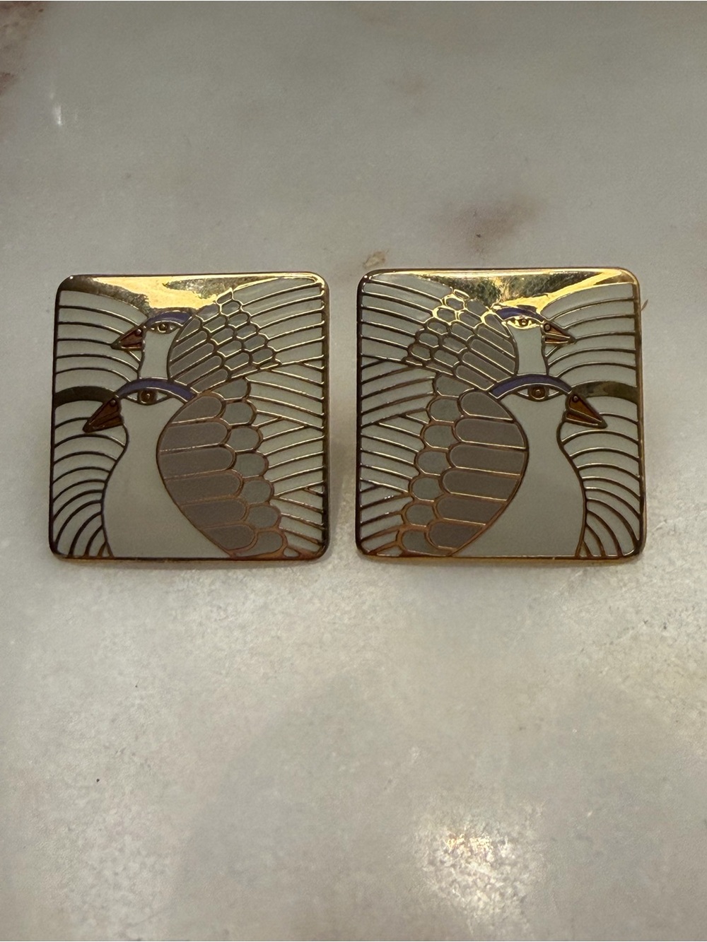 Laurel Burch Vintage Moon Doves Earrings Gold Tone Ivory